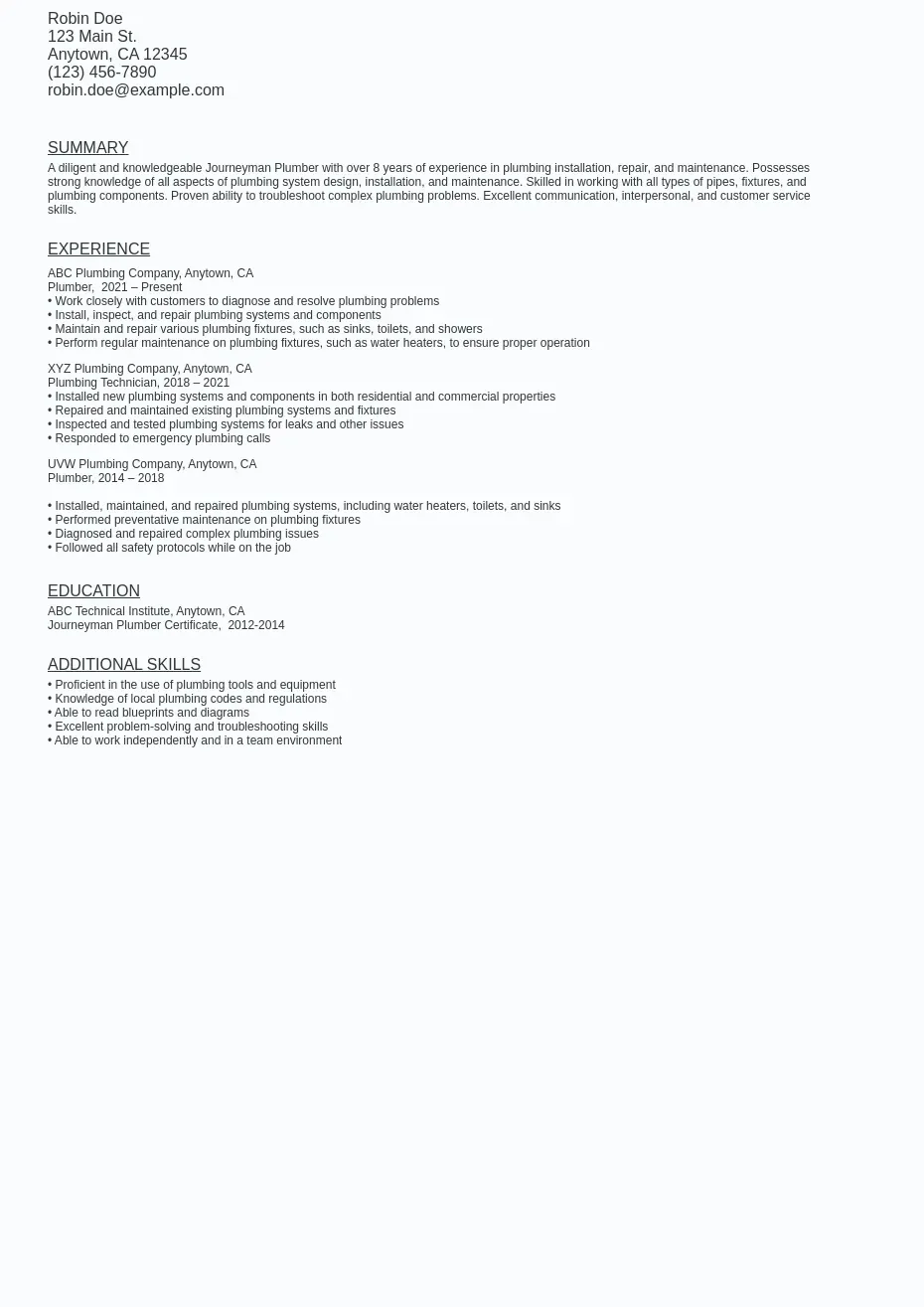 Journeyman Plumber Resume Sample - Journeyman Plumber Resume Sample Template (free Download).webp=ws930x1315