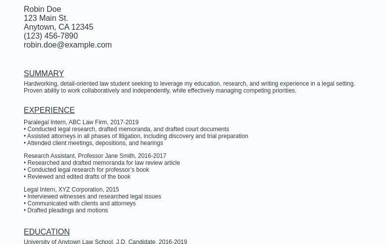 Law School Resume Sample Template (Free Download) Ziprecruiter