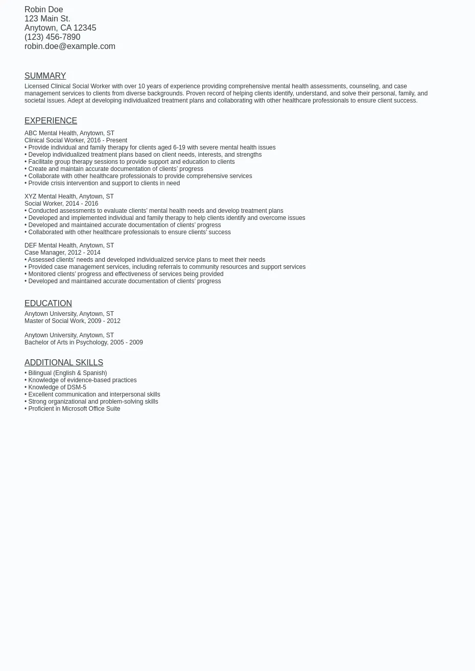 Licensed Clinical Social Worker LCSW Resume Sample Template Ziprecruiter