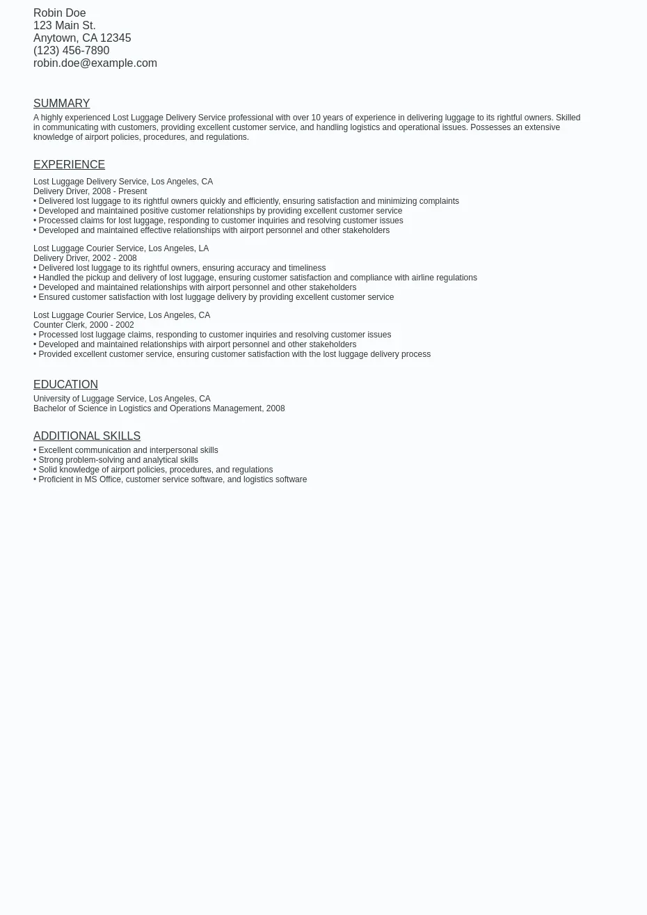 Lost Luggage Delivery Service Resume Sample Template (Free)