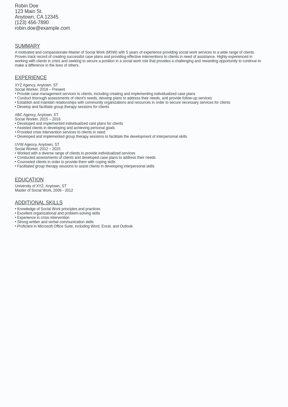 Master of Social Work (MSW) Resume Sample Template (Free)