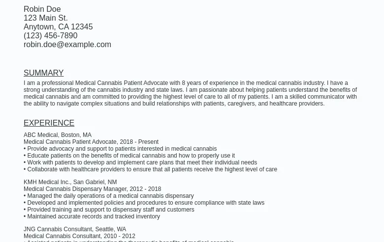 Medical Cannabis Patient Advocate Resume Sample Template (Free