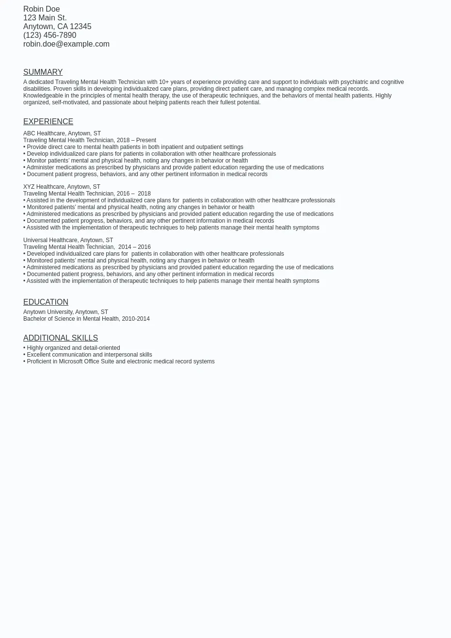 Mental Health Technician Resume Sample Template (Free) Ziprecruiter