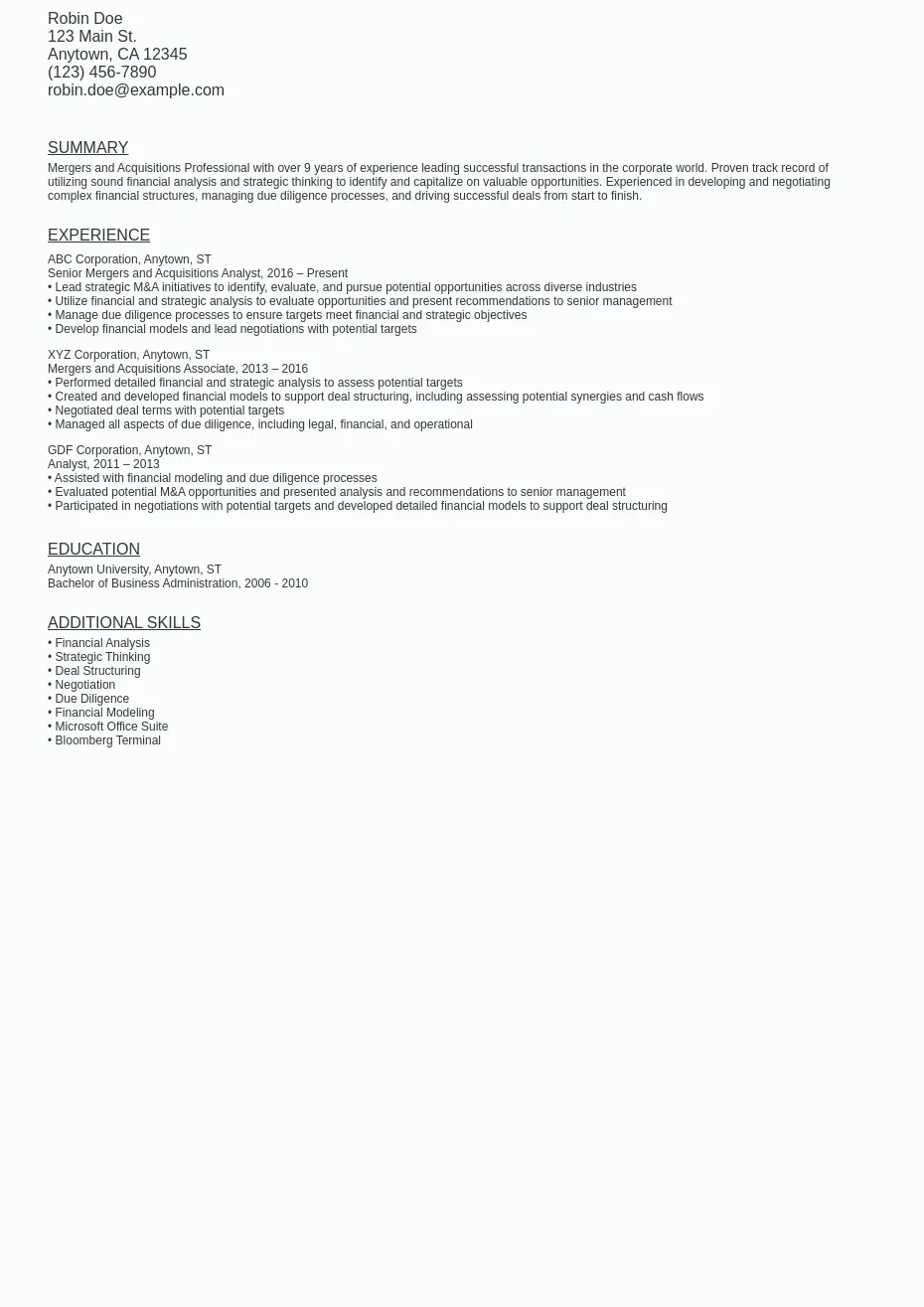 Mergers and Acquisitions Resume Sample Template (Free)