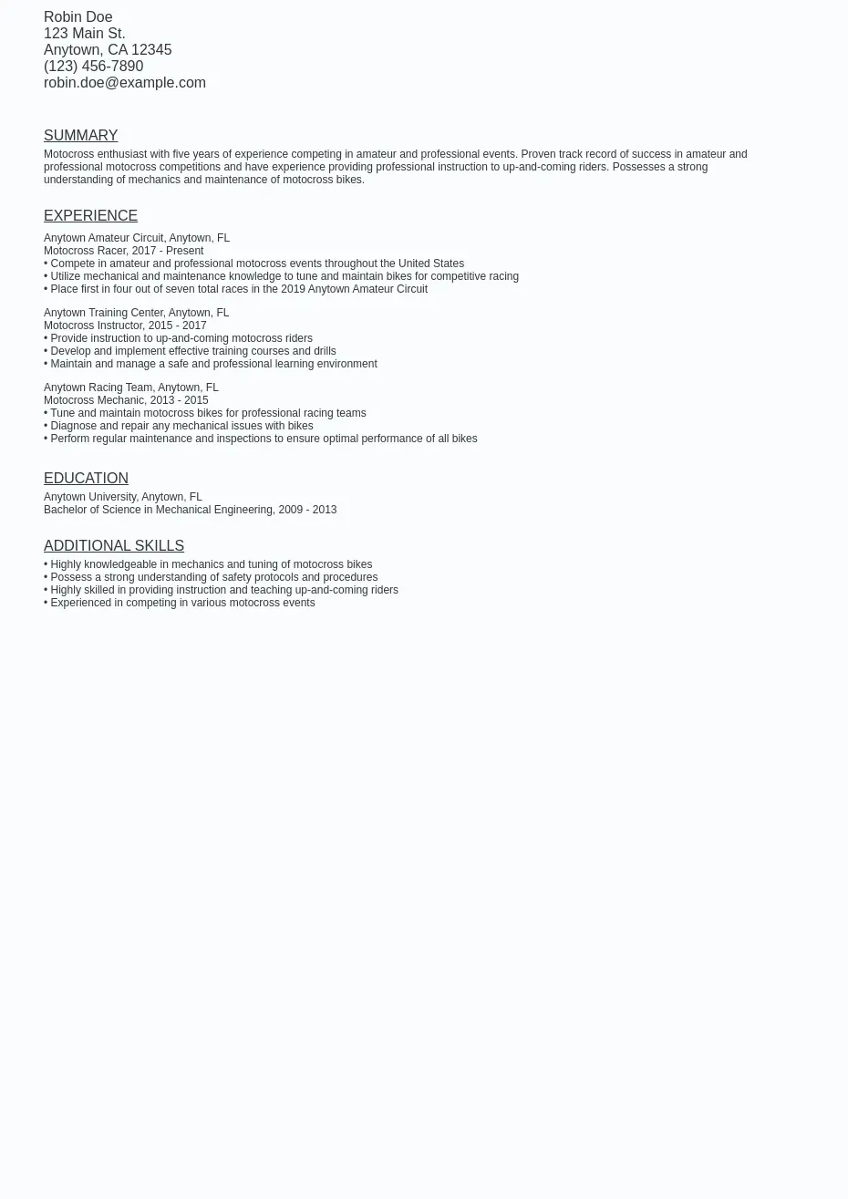 Motorcross Resume Sample Template (Free Download) Ziprecruiter