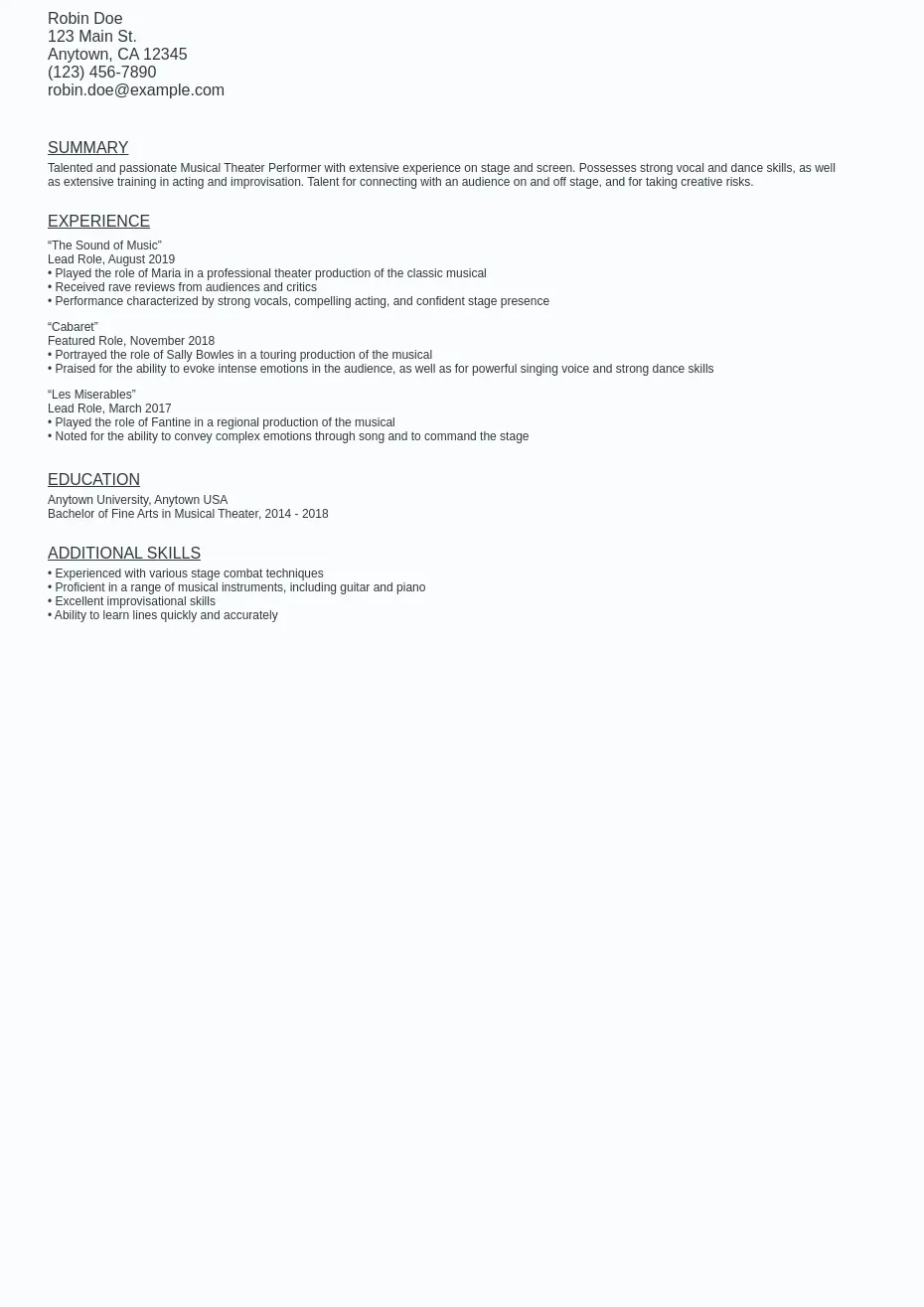 Musical Theatre Resume Sample Template (Free Download) Ziprecruiter