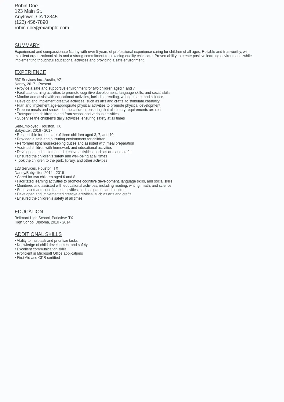 Nanny Resume Sample Template (Free Download) Ziprecruiter