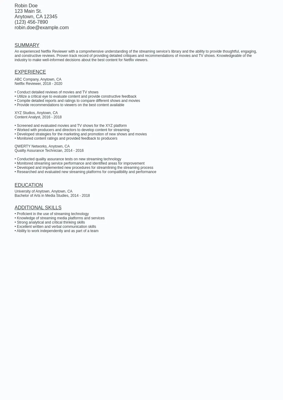 Netflix Reviewer Resume Sample Template (Free Download)