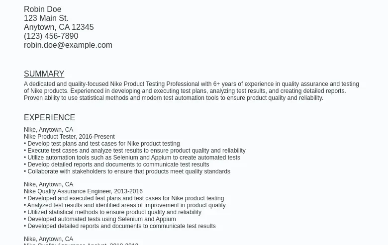 NIKE Product Testing Resume Sample Template Free Download