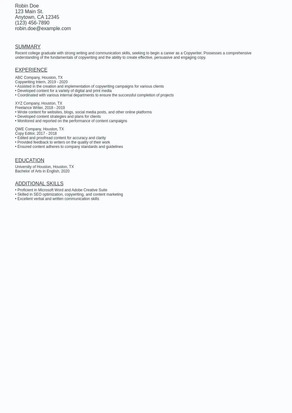 No Experience Copywriter Resume Sample Template (Free)