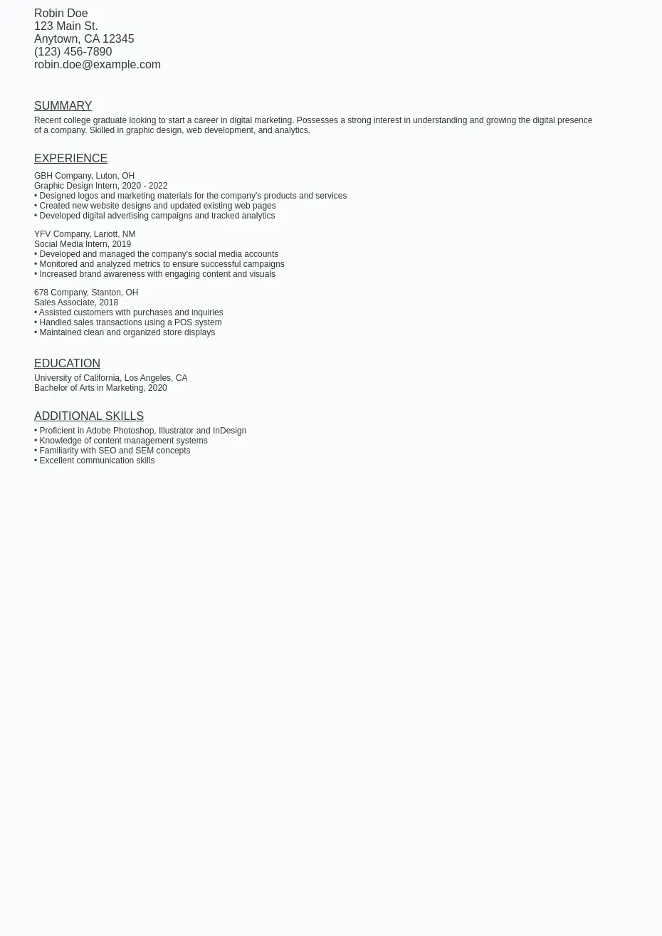 No Experience Digital Marketing Resume Sample Template Free