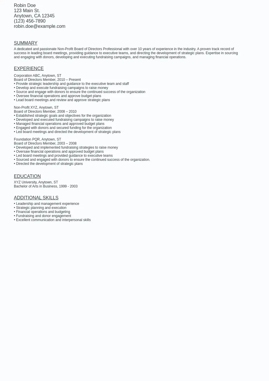 Non Profit Board of Directors Resume Sample Template (Free) Ziprecruiter