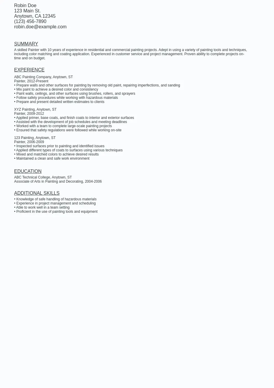 Painter Resume Sample Template - Painter Resume Sample Template (free Download).webp=ws930x1315