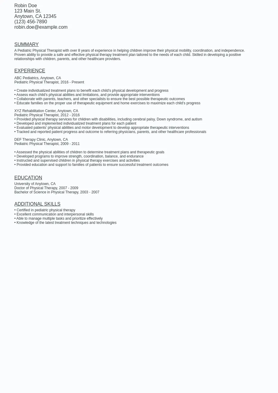 Pediatric Physical Therapist Resume Sample Template (Free) Ziprecruiter