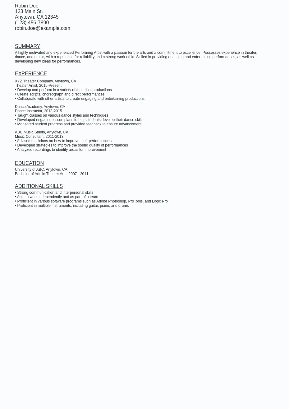 Performing Arts Resume Sample Template (Free Download) Ziprecruiter