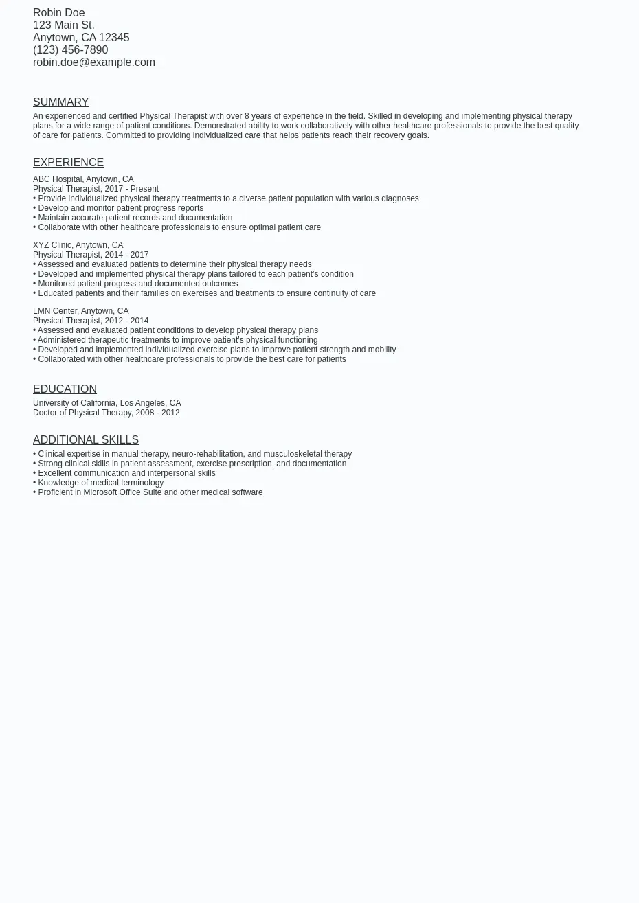 Physical Therapist Resume Sample Template (Free Download) Ziprecruiter