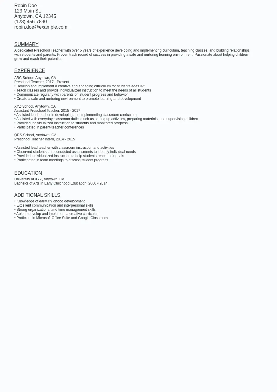 Preschool Teacher Resume Sample - Preschool Teacher Resume Sample Template (free Download).webp=ws930x1315