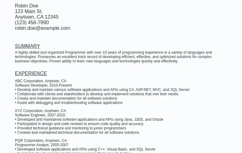 Programmer Resume Sample Template (Free Download) - Ziprecruiter