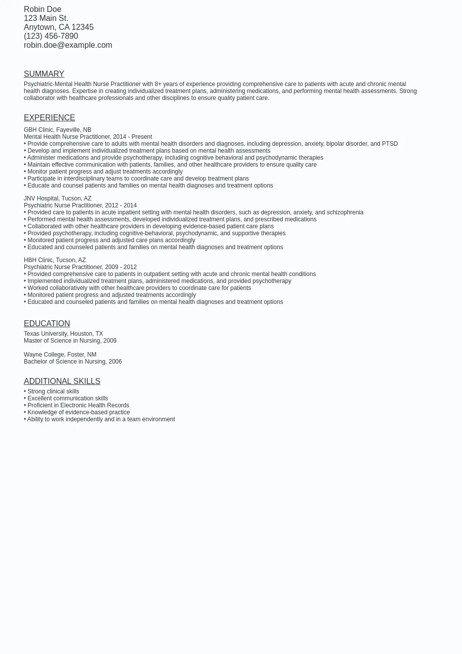 Psychiatric Mental Health Nurse - Psychiatric Mental Health Nurse Practitioner (pmhnp) Resume.webp=ws930x1315