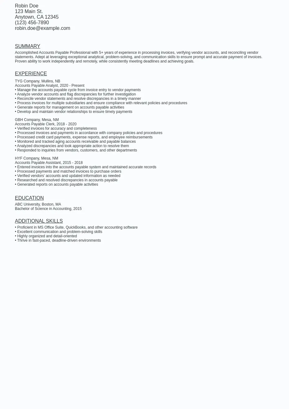 Remote Accounts Payable Resume Sample Template (Free) Ziprecruiter