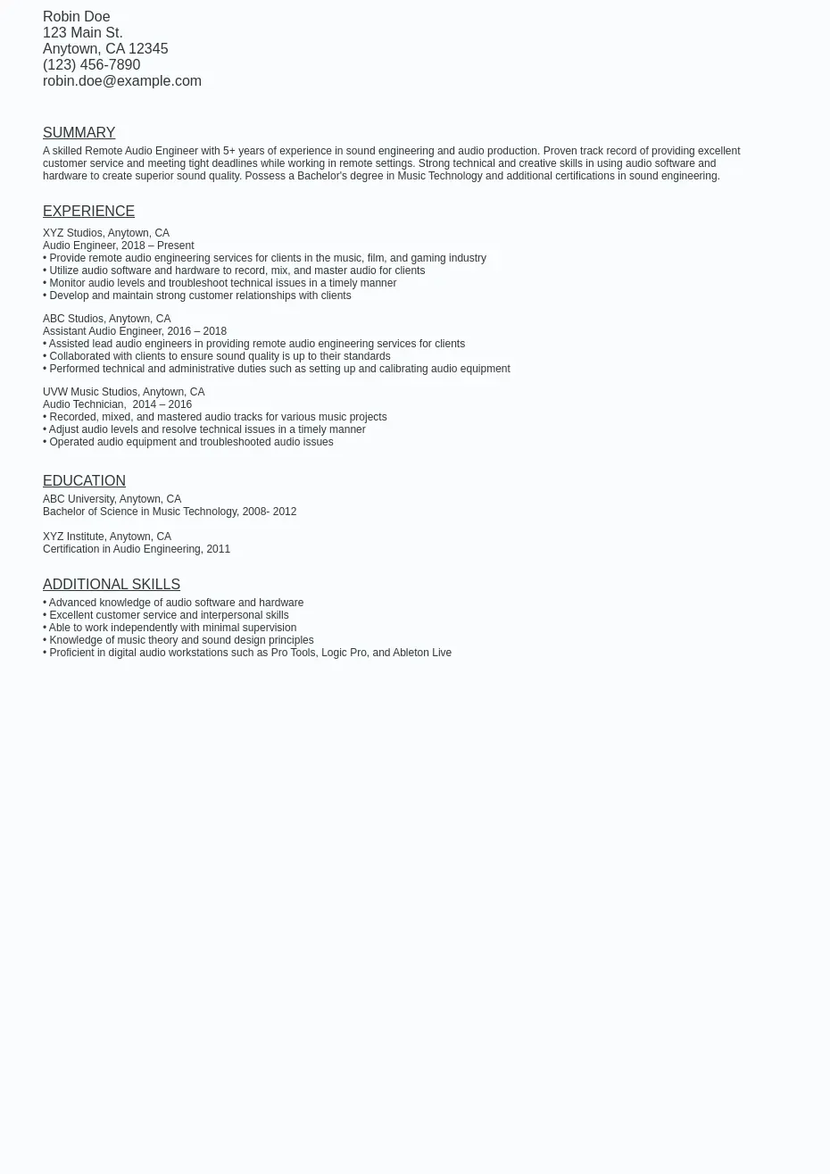Remote Audio Engineer Resume Sample Template (Free Download)