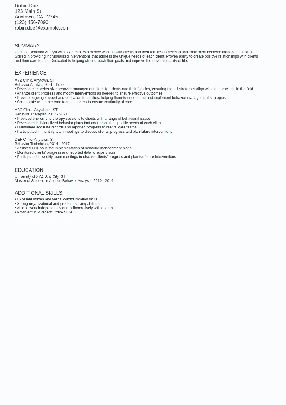 Remote BCBA Resume Sample Template (Free Download)