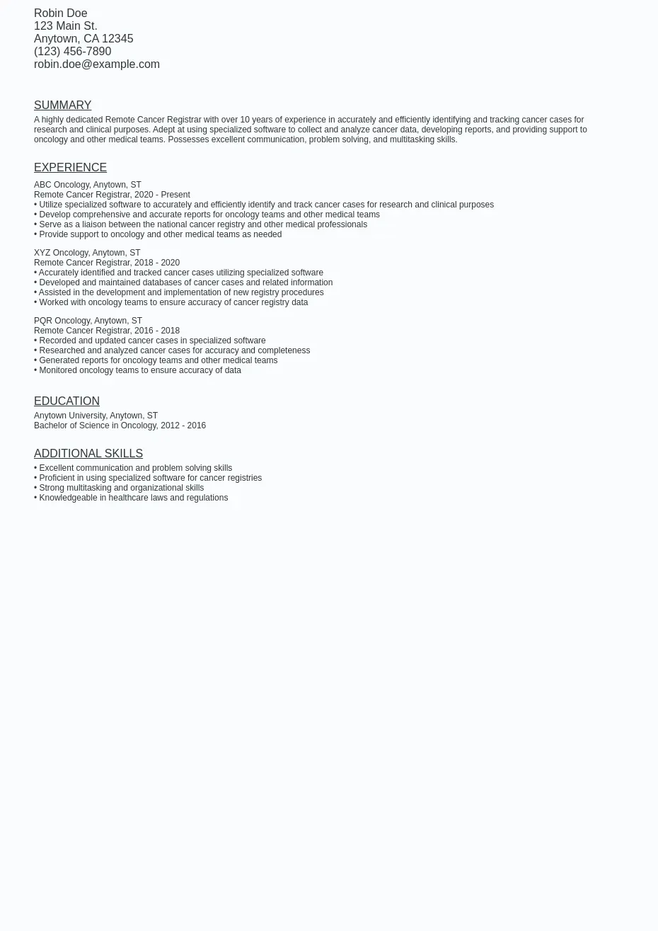 remote-cancer-registrar-resume-sample-template-free-ziprecruiter