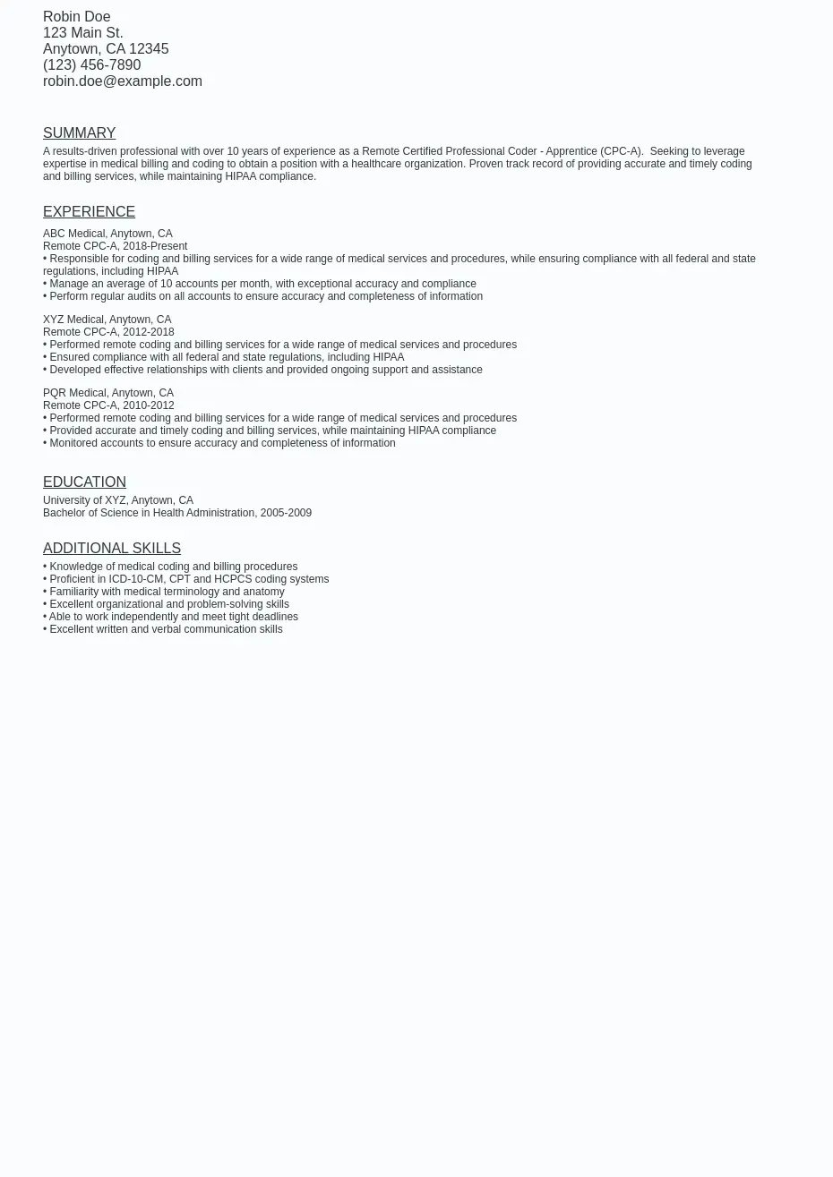 Remote Certified Professional Coder Apprentice CPC A Resume Ziprecruiter