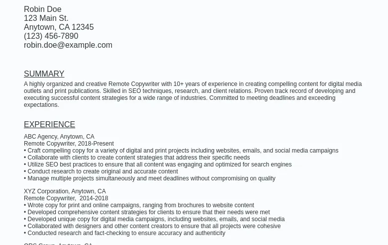 Remote Copywriter Resume Sample Template (Free Download) Ziprecruiter