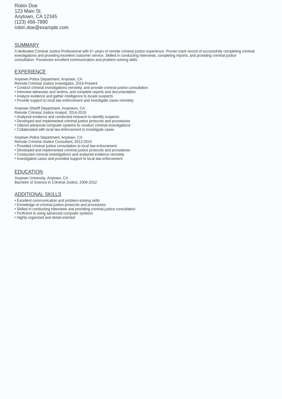 Remote Criminal Justice Resume Sample Template (Free) Ziprecruiter