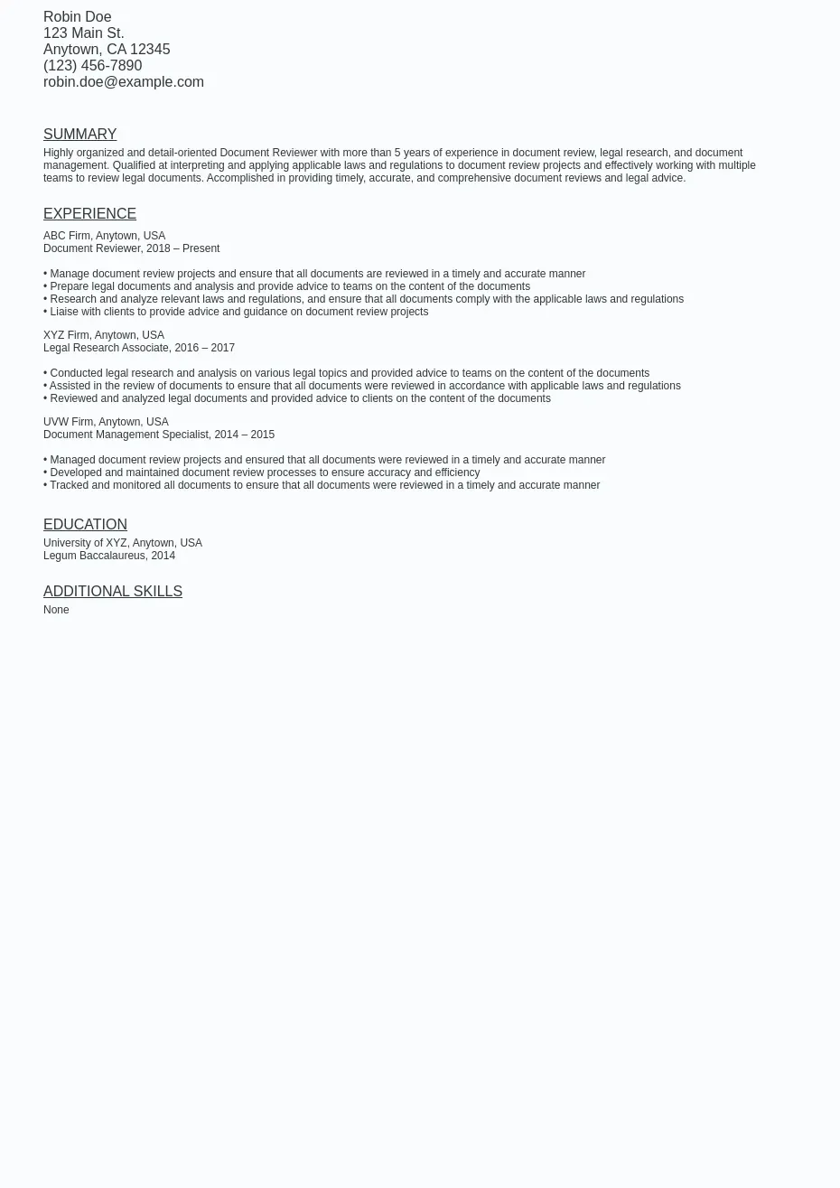 Remote Document Reviewer Resume Sample Template (Free) Ziprecruiter