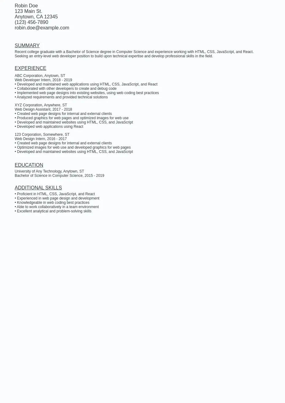 Sample resume template for Remote Entry Level Web Developer, showcasing a clean and professional layout with sections for personal details, experience, education, and skills.