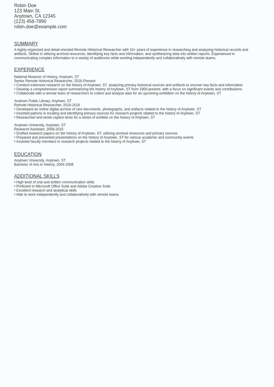 Remote Historical Researcher Resume - Remote Historical Researcher Resume Sample Template (free).webp=ws930x1315