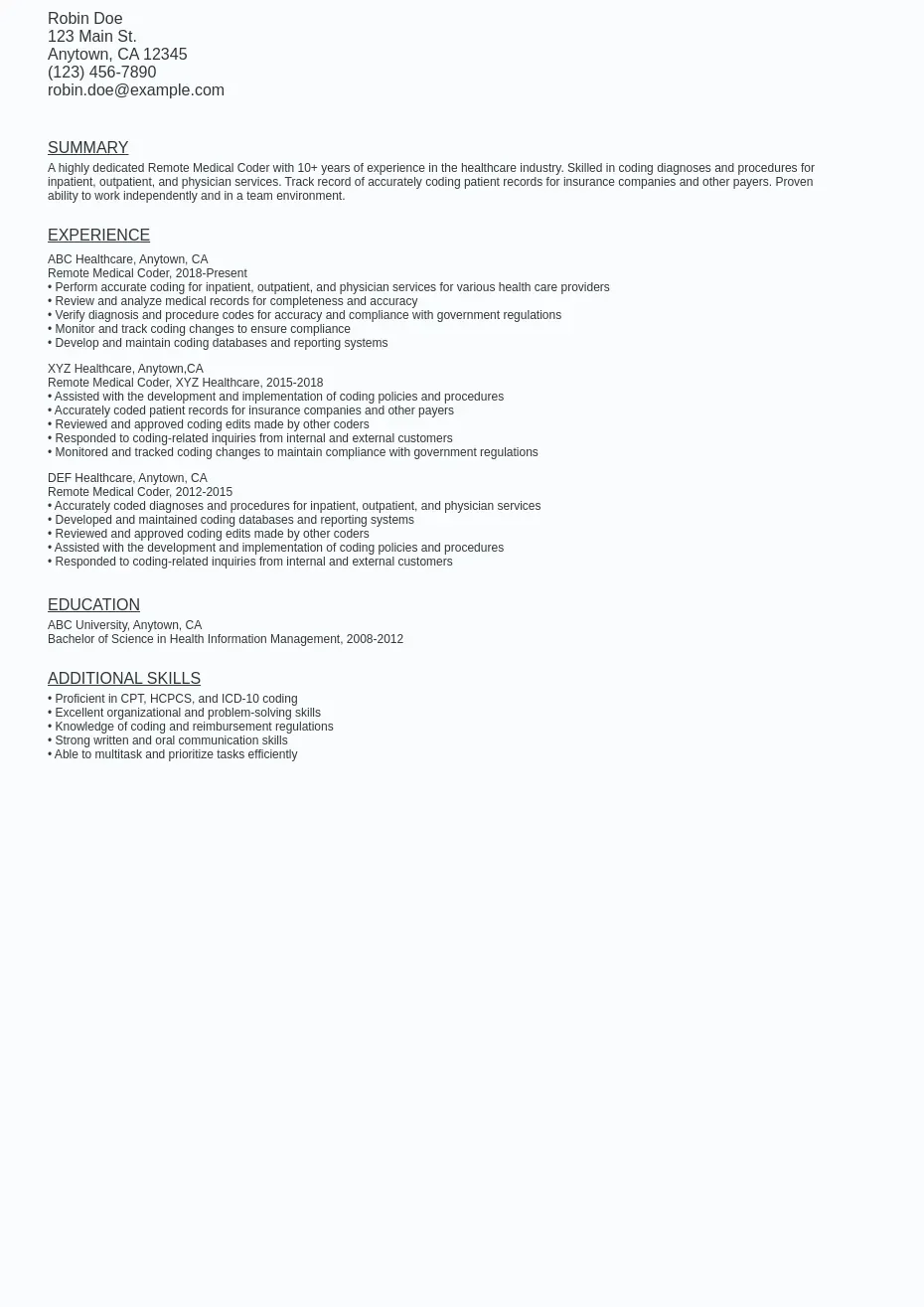 Remote Medical Coder Resume Sample Template (Free Download) Ziprecruiter