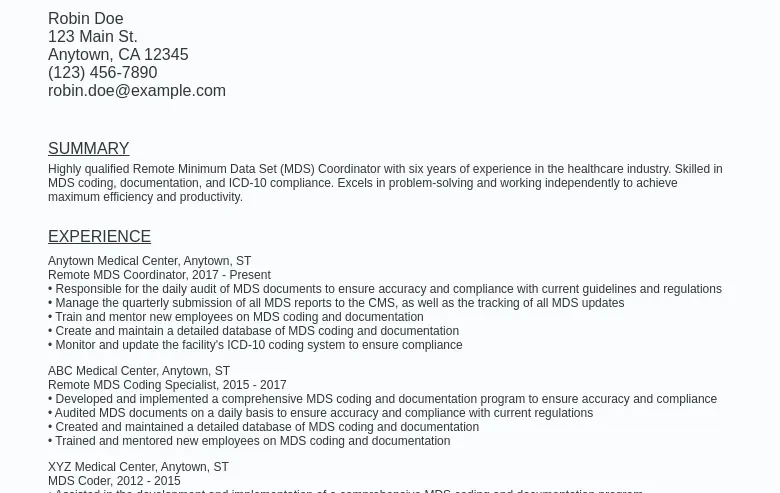Remote Minimum Data Set (MDS) Coordinator Resume Template