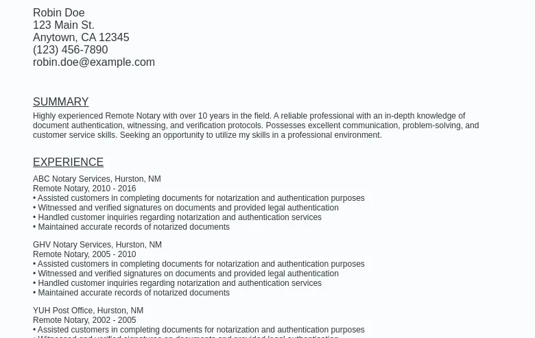 Remote Notary Resume Sample Template (Free Download) Ziprecruiter