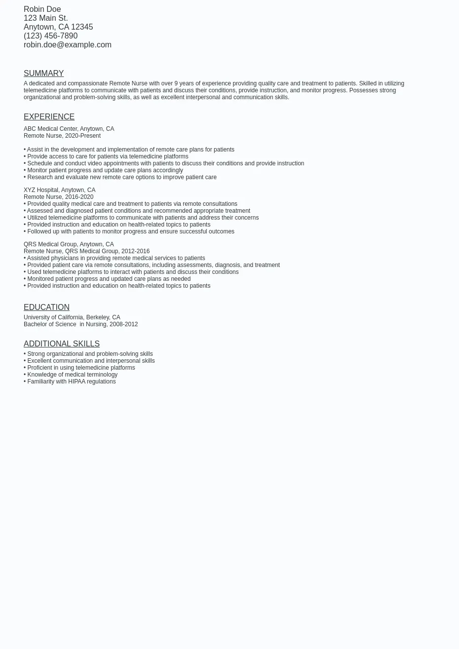 Remote Nurse Resume Sample Template (Free Download)