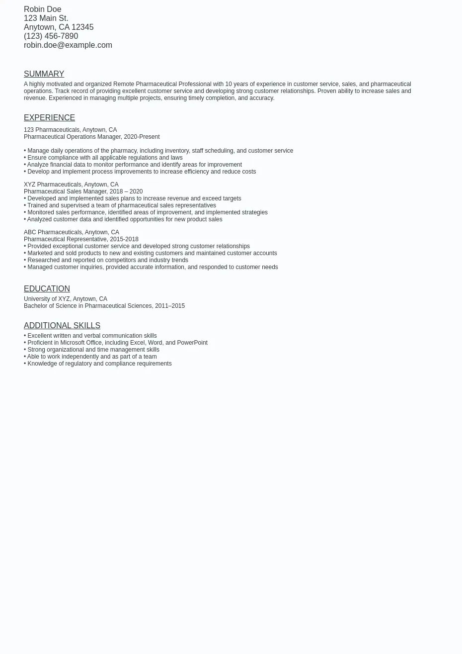 Remote Pharmaceutical Resume Sample - Remote Pharmaceutical Resume Sample Template (free Download).webp=ws930x1315