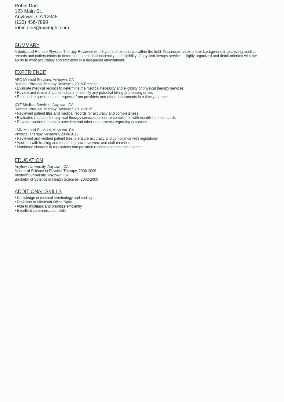 Remote Physical Therapy Reviewer Free Resume Sample Template Ziprecruiter