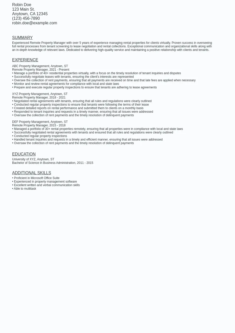 Remote Property Manager Resume Sample Template (Free)