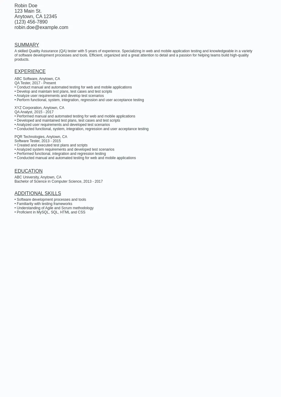 Remote Quality Assurance (QA) Tester Resume Sample Template (Free)
