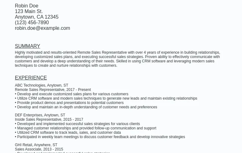 Remote Sales Resume Sample Template (Free Download) Ziprecruiter