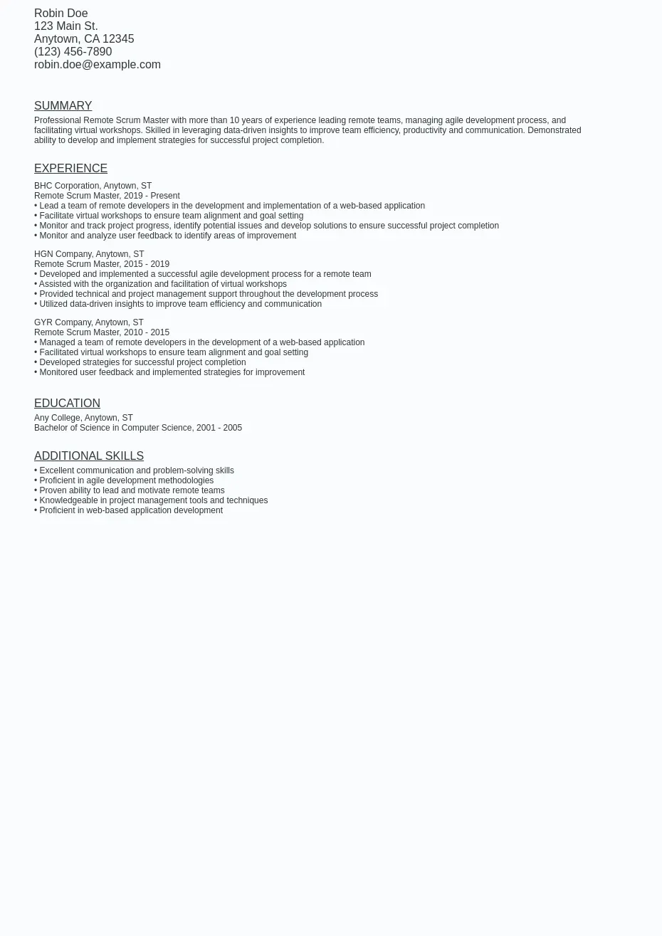 Remote Scrum Master Resume Sample Template (Free Download) Ziprecruiter
