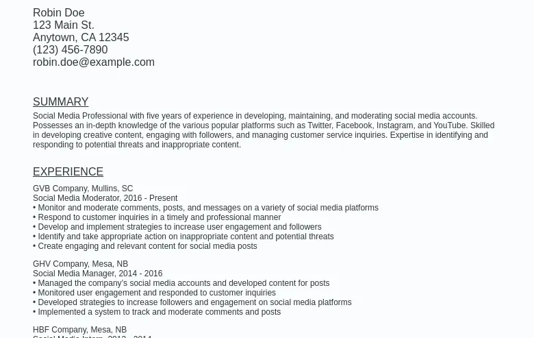 Remote Social Media Moderator Resume Sample Template (Free)