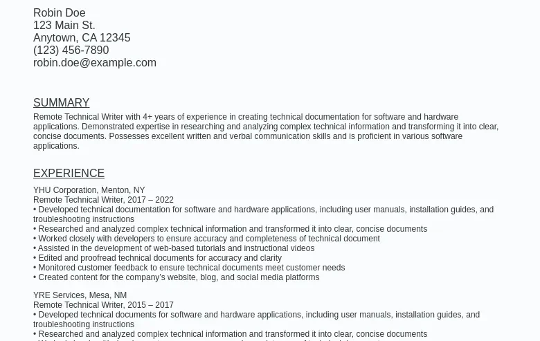 Remote Technical Writer Resume Sample Template (Free) Ziprecruiter