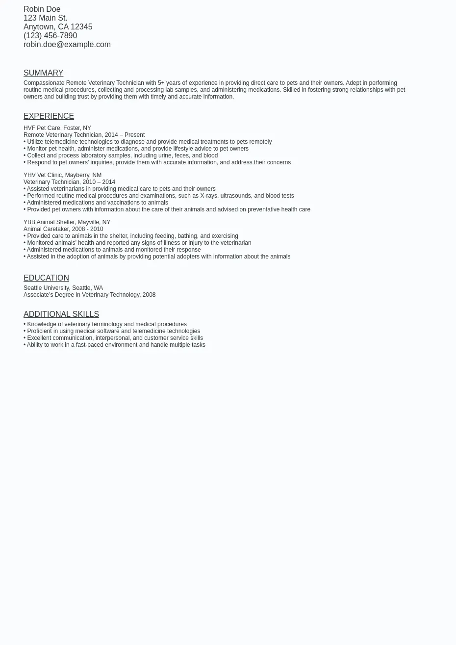Remote Veterinary Technician Resume Sample Template (Free) Ziprecruiter