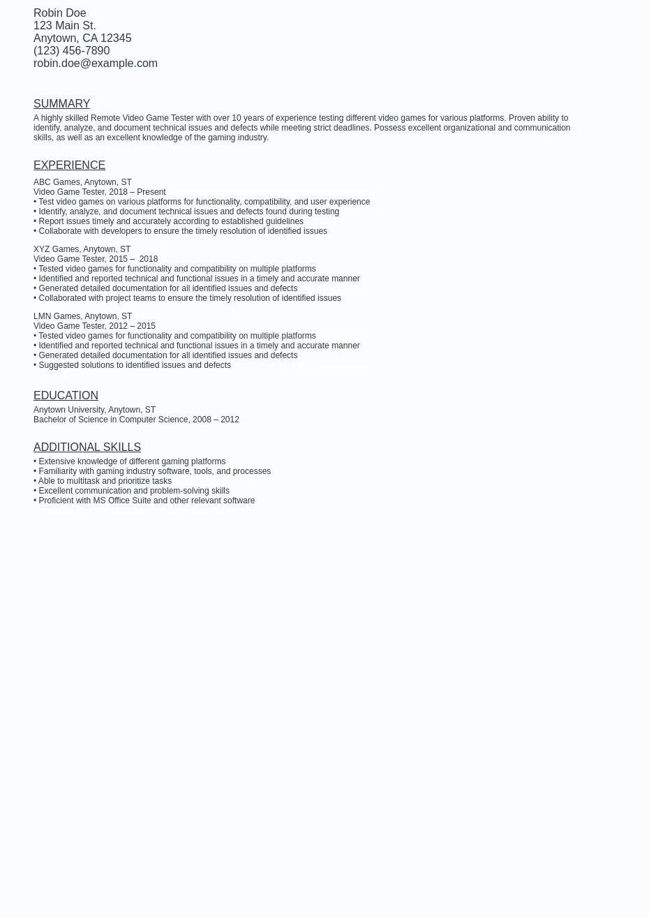 Remote Video Game Tester Resume Sample Template (Free)
