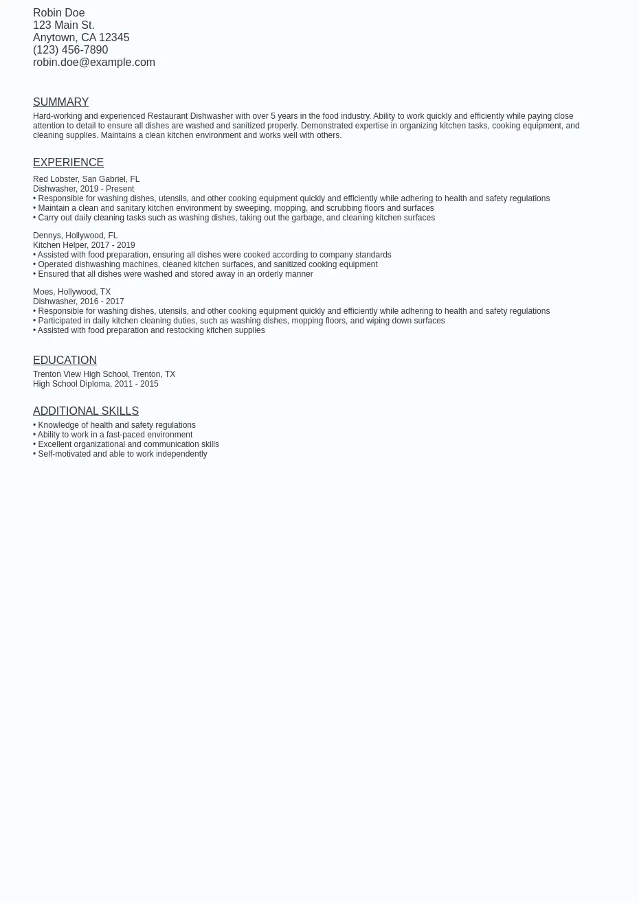 Restaurant Dishwasher Resume Sample Template (Free Download)
