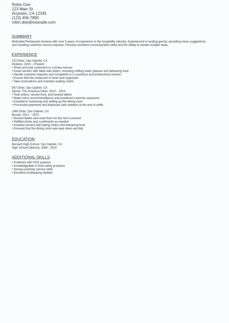 Restaurant Hostess Resume Sample Template (Free Download) Ziprecruiter