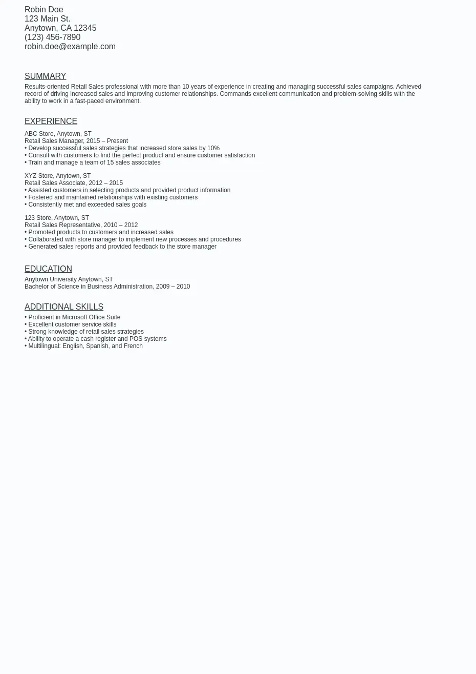 Retail Sales Resume Sample Template (Free Download)